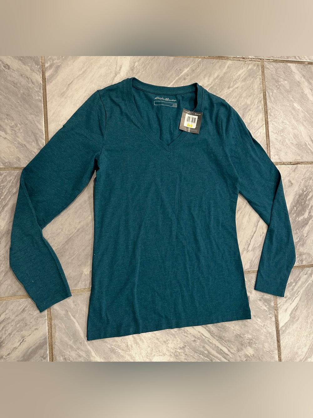 NWT Eddie Bauer Womens Teal Solid Knit Long Sleeve V-Neck Pullover TShirt Size S